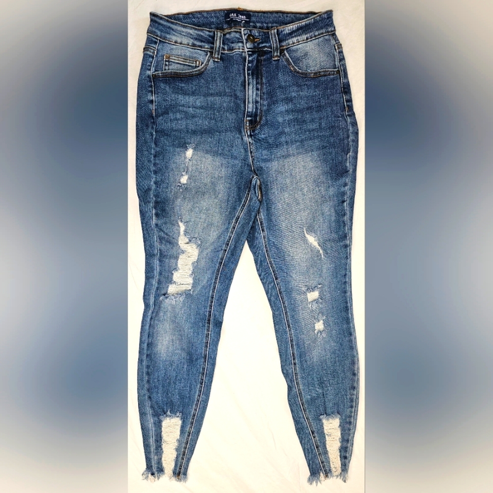 Medium Wash WAX Distressed Frayed Hem Skinny Jeans Size 14